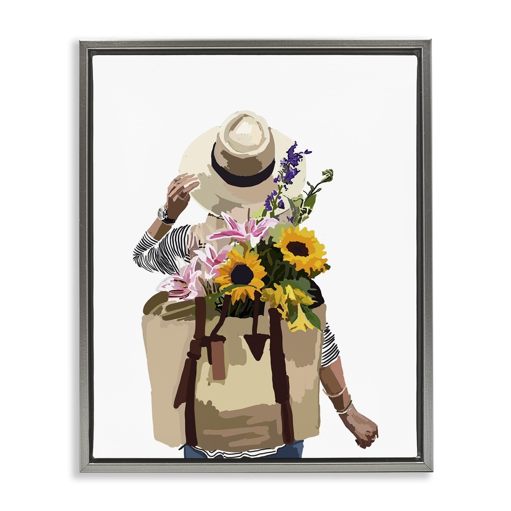 Elegant Floral Backpack Woman with Floating Sunflower Blossoms Framed Wall Art