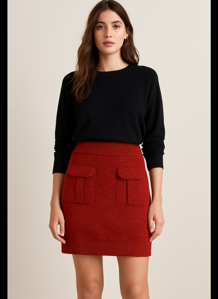 Anthropologie Moth Women’s L Wool Mini Skirt Orange Knit Pockets Preppy Academia