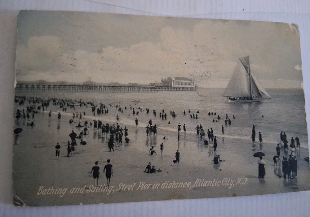 1908 Atlantic City Rotograph Postcard Steel Pier Big Sailboat Bathers 1908