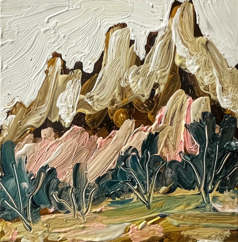 Blush Pastel Landscape Original Oil Painting Abstract Mountain Trees Artwork 4”