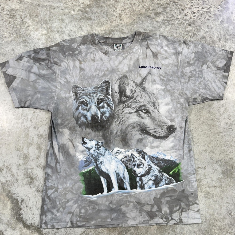 Lake George Wolf Shirt Mens XL Gray Tie Dye Back to Earth Wolves Nature Tee USA