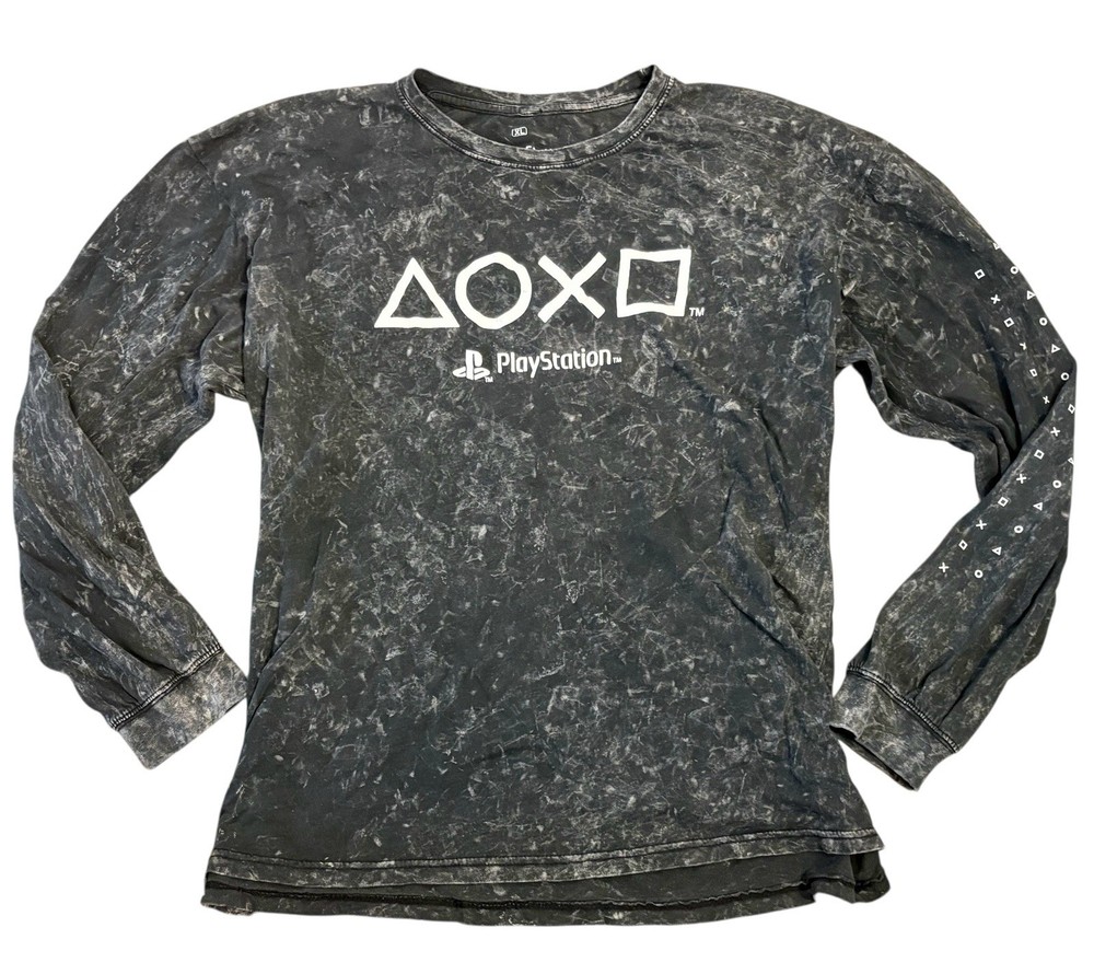 PlayStation Men's T-Shirt Long Sleeve White Wash Video Game Console Black XL