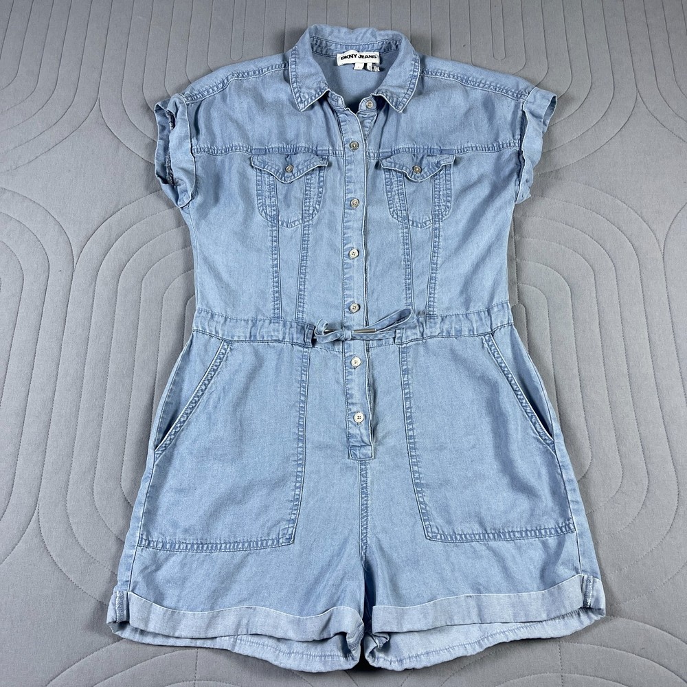 DKNY Jeans Women’s Small Blue Tencel Chambray Romper Utility Button Front