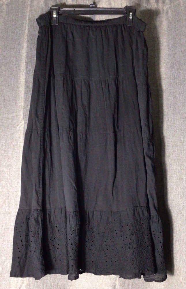 Jane Ashley 100% Cotton Black Whimsigoth Laganlook Eyelet Hem Maxi Skirt