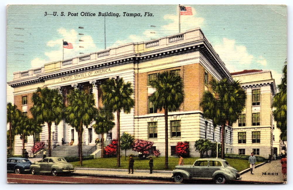 Vintage Old Postcard United States Post Office Building Car People Tampa Florida