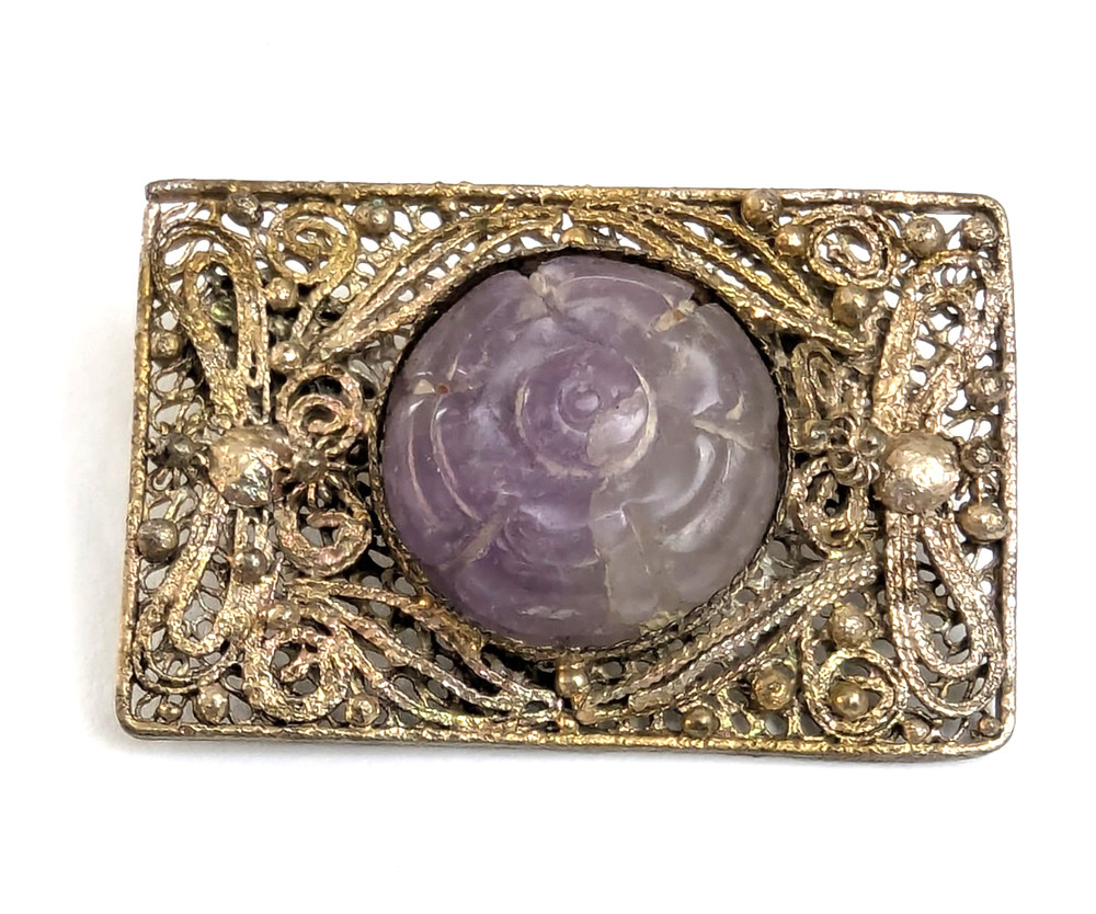 Carved Lavender Jade Antique Chinese Export Silver Filigree Brooch Pin 1.5