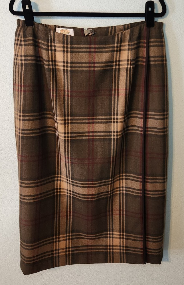 Vintage Talbots Green Plaid 100% Wool Faux Wrap Lined Midi Skirt Size 16