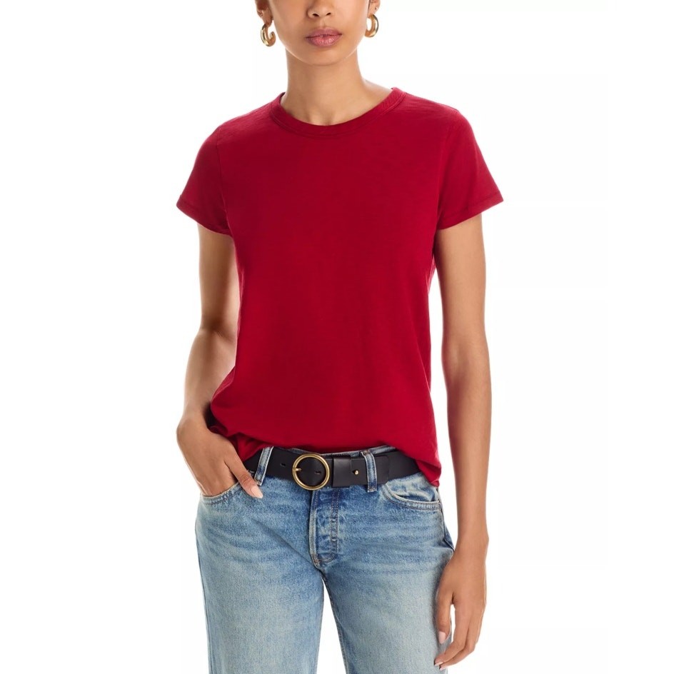 Rag & Bone Women Ruby Red Cotton The Slub Knit Casual Short Sleeve Tee Size L