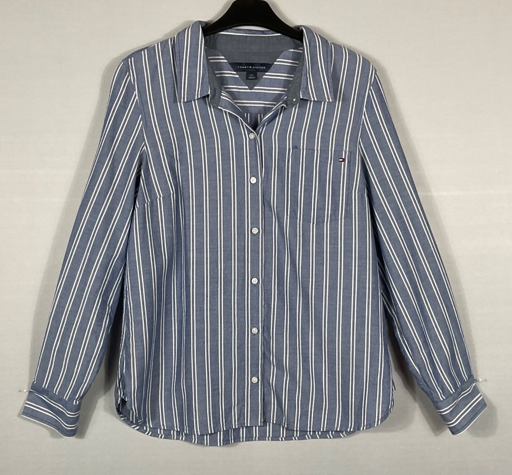 Tommy Hilfiger Shirt Womens Large Blue Striped Button Up Pocket Long Sleeves