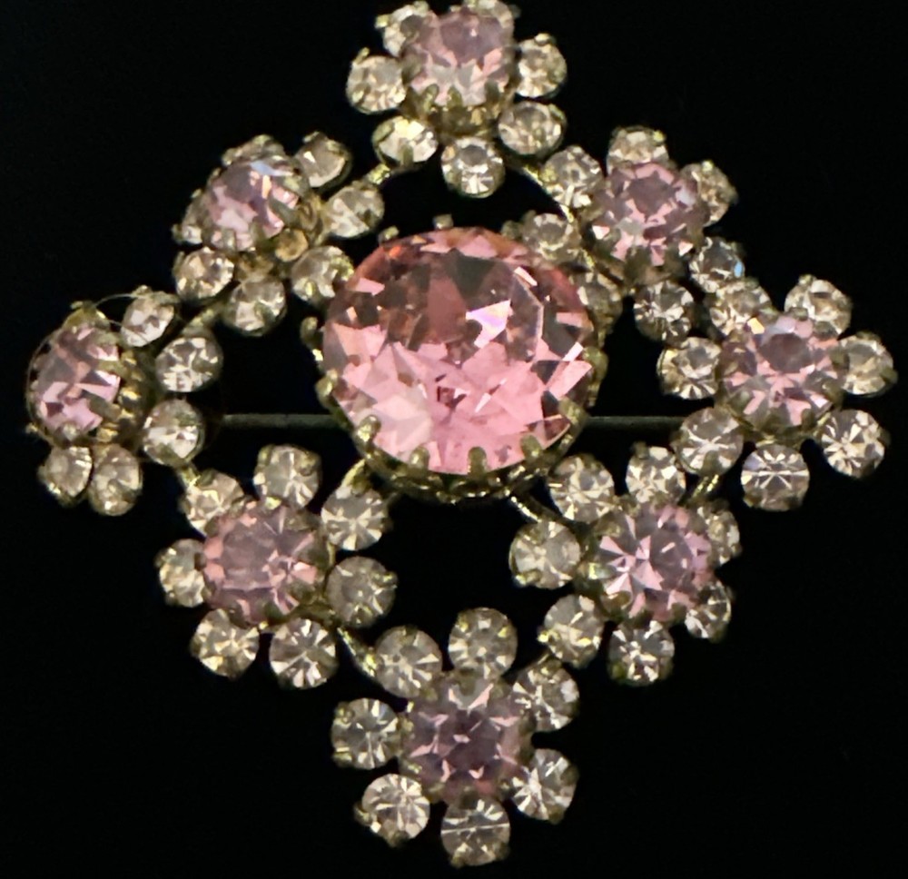 Vintage Made in Austria Pink Flower Crystals & Leaves on Gold Tone Brooch Pin