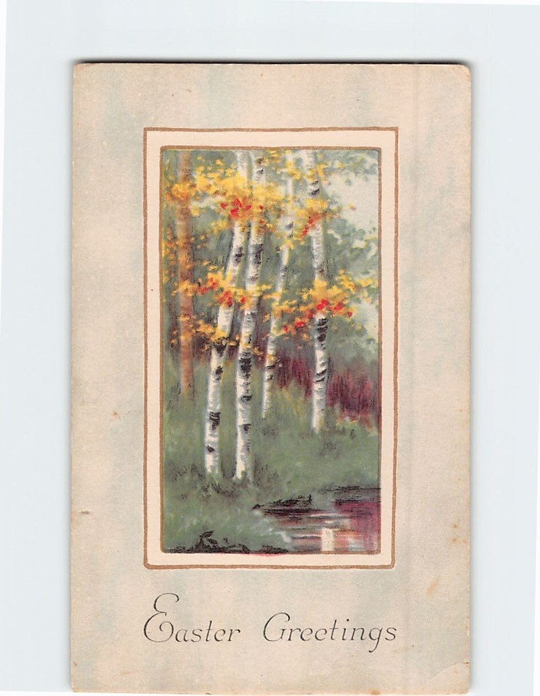 Postcard Vintage Easter Greetings Postcard with Autumnal Birch Trees and Stream