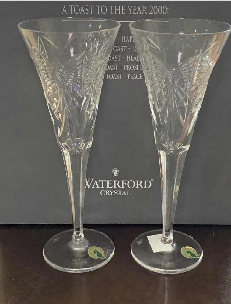 Waterford Crystal Millennium Happiness 1st Toasting Champagne Flutes Pair