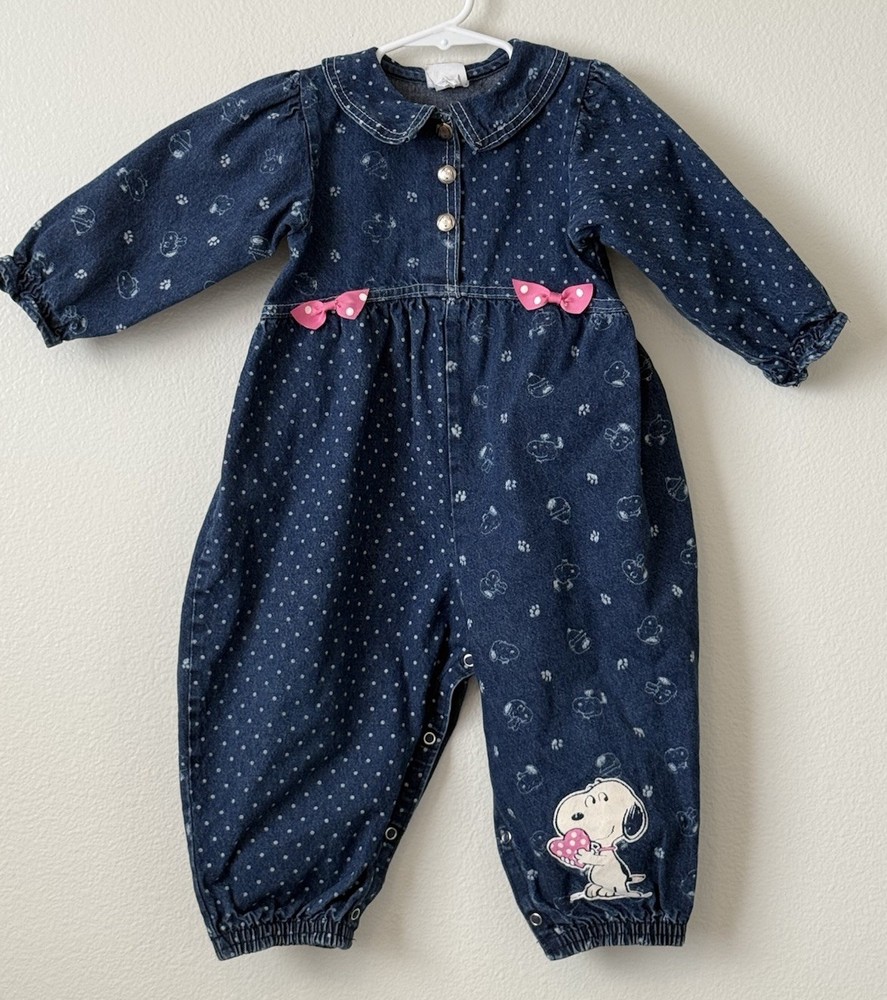 Vintage Baby Girl Snoopy Denim Jean Jumpsuit Romper 18 Months
