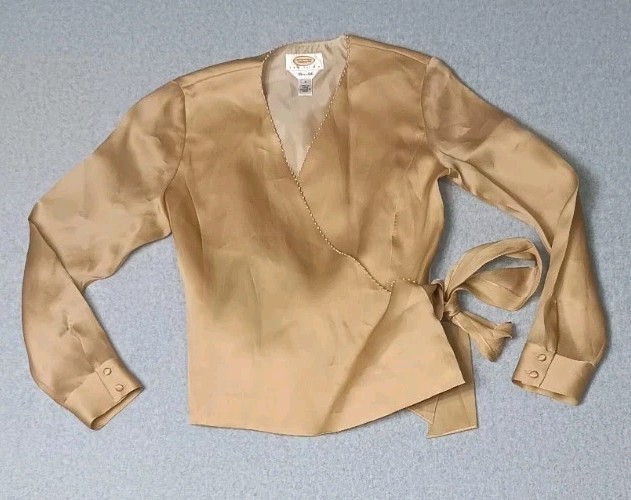 Talbots Petites Pure Silk Beaded Full Wrap Blouse Womens Size 2 Gold Old...