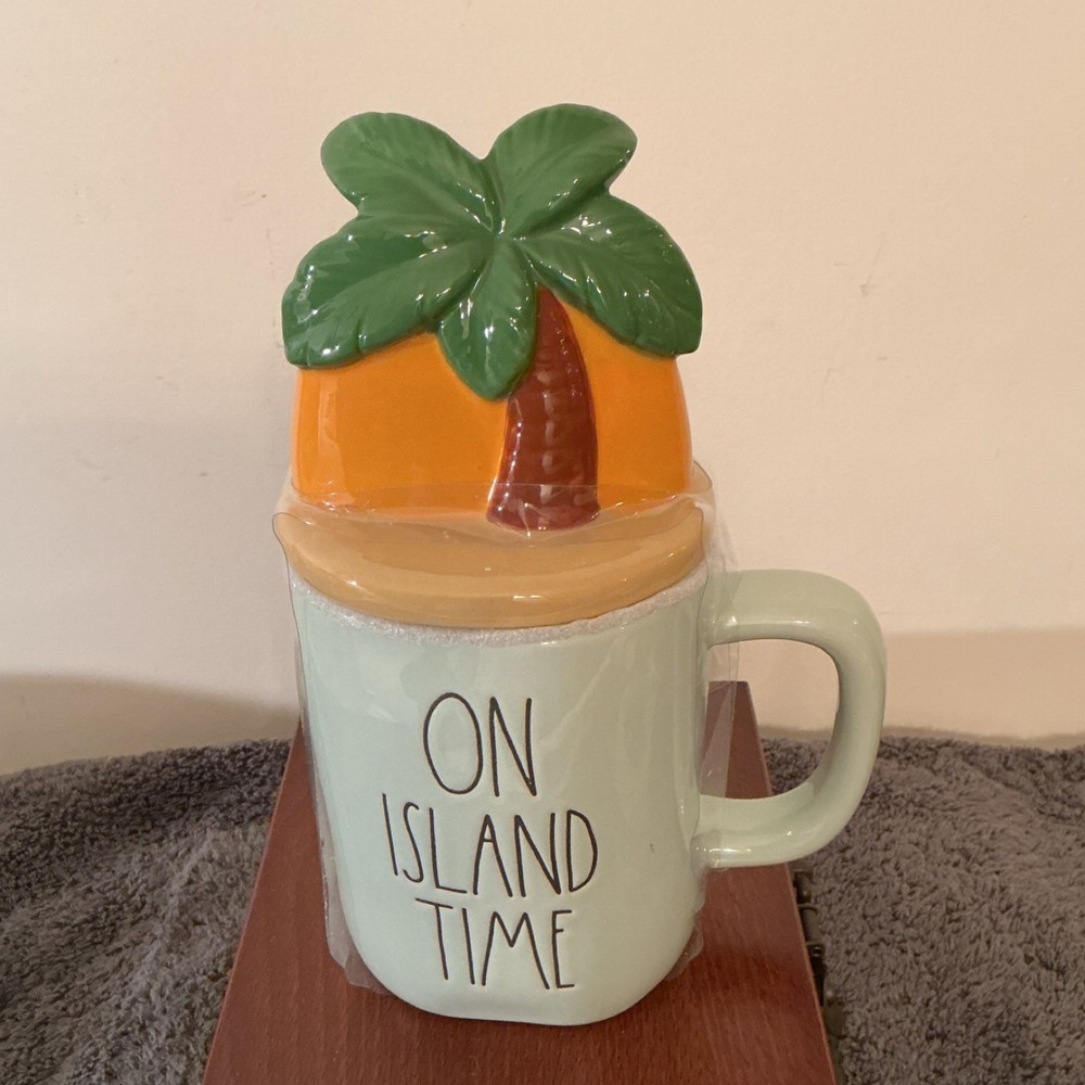 Rae Dunn On Island Time Ceramic Figural Coffee Mug with Palm Tree Lid
