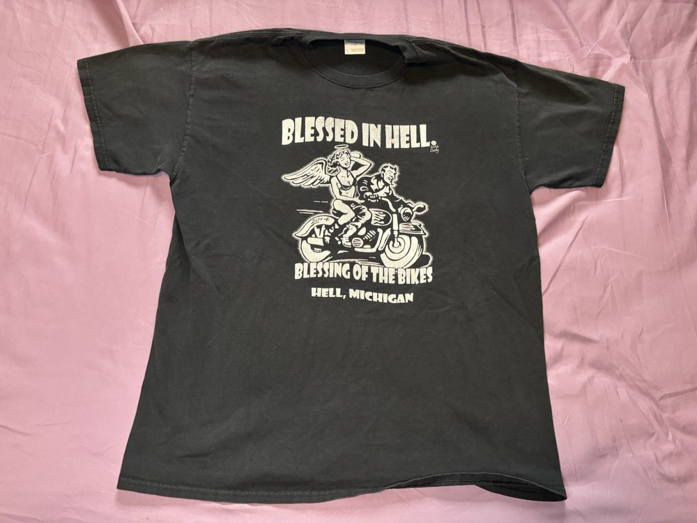 Vintage Hell Michigan Shirt Mens Large Black Biker Motorcycle Blessed In Hell