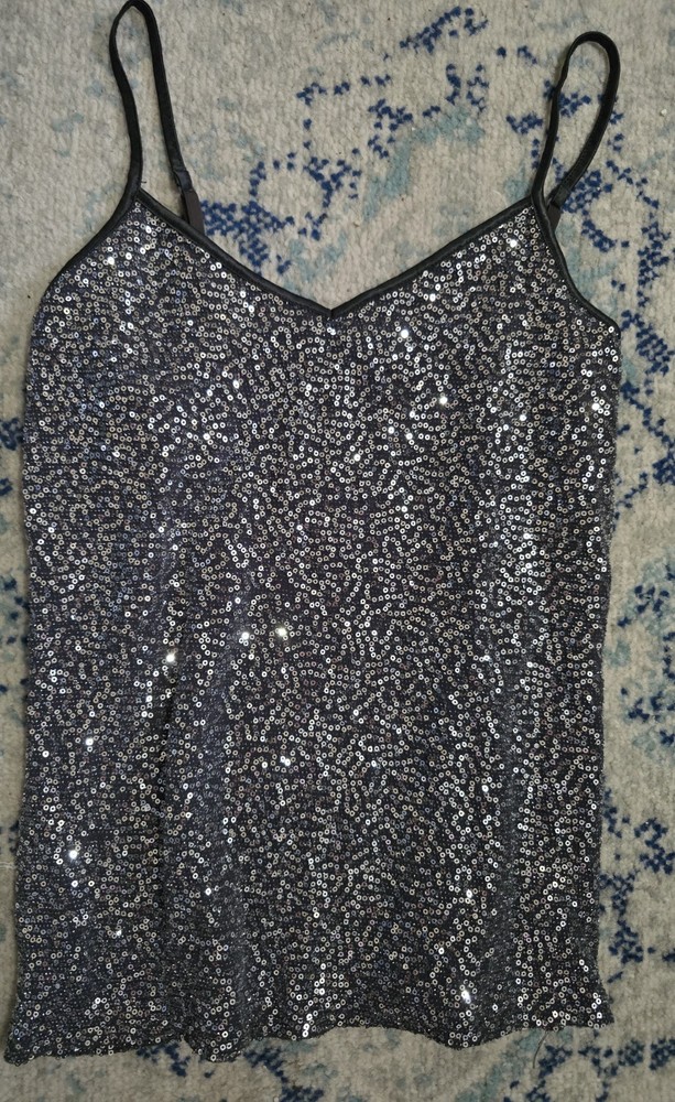 Y2K Express Black Silver Medium Sequin Cami Top Spaghetti Strap