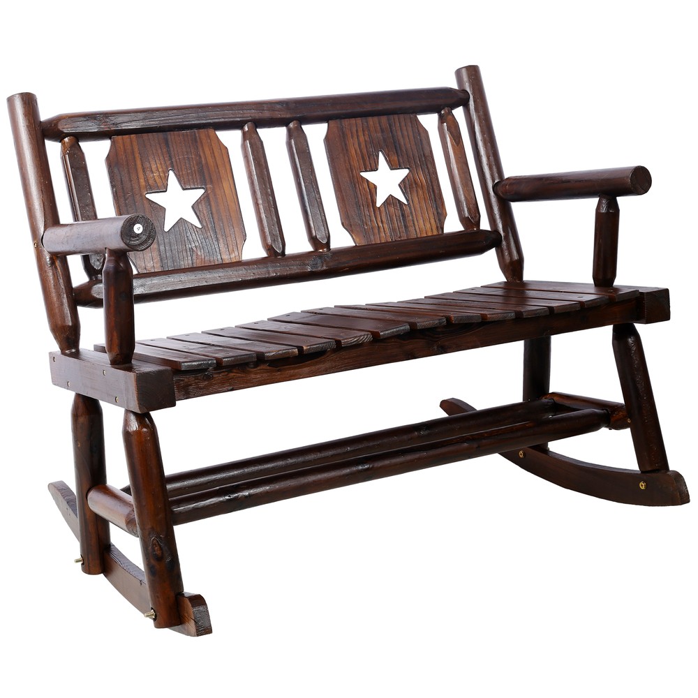 2-Person Brown Wooden Porch Rocking Bench for Garden or Patio