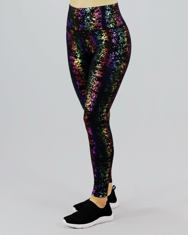 Terez Black Rainbow Foil Haze Uplift Leggings Small High Rise Shiny Festival