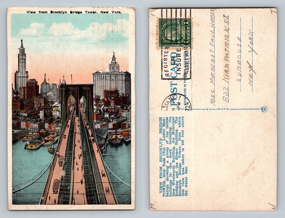 New York City NY, Brooklyn Bridge Tower Skyline View Vintage c1924 Postcard