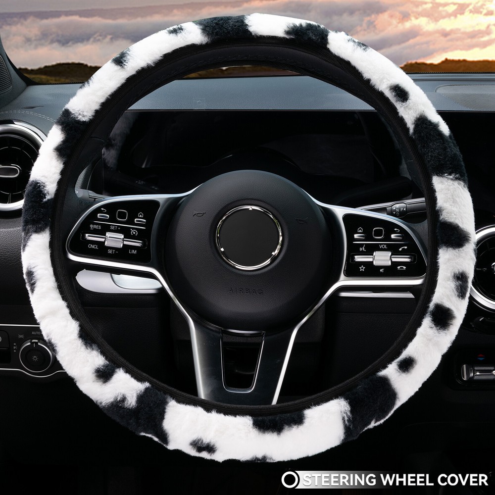 Universal Plush Cow Print Steering Wheel Cover Car Protector Seat Accessories US