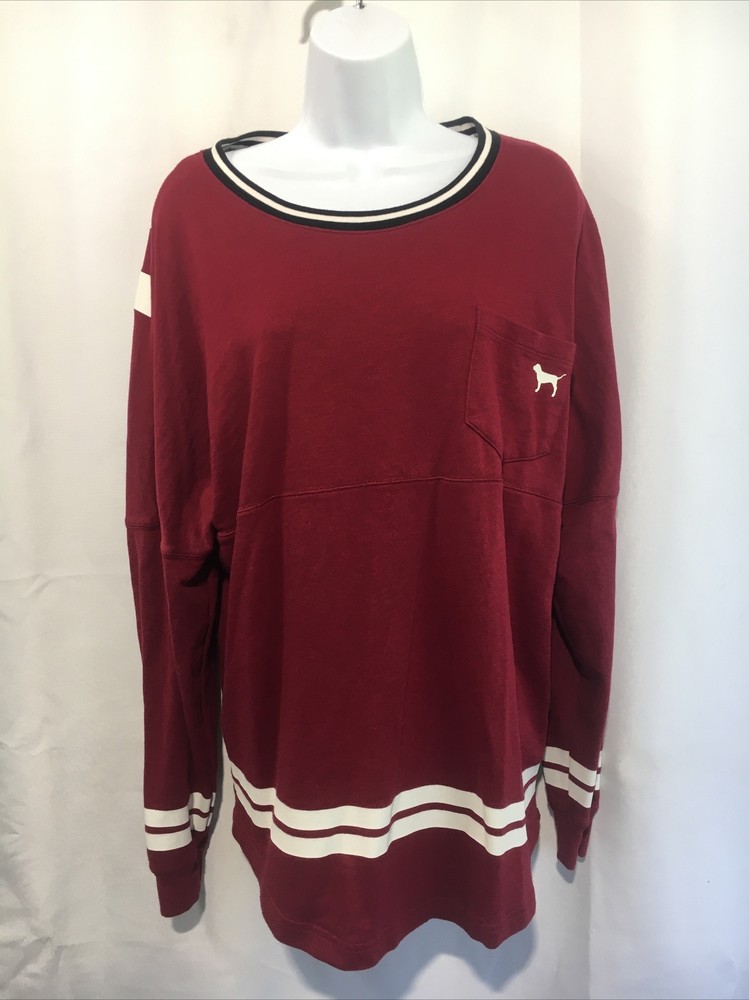 Victoria's Secret PINK Cotton Campus Long Sleeve Pocket T-Shirt Top Wine/White L