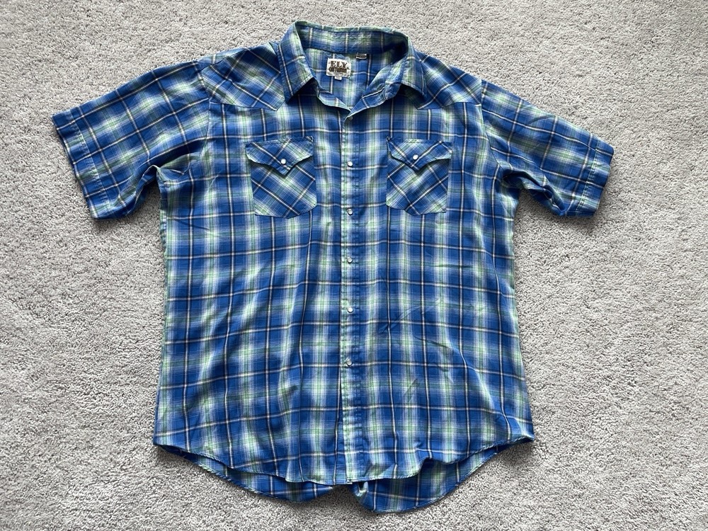 Ely Cattleman Pearl Snap Shirt XL Blue Men's Plaid Cowboy Rodeo Western Casual