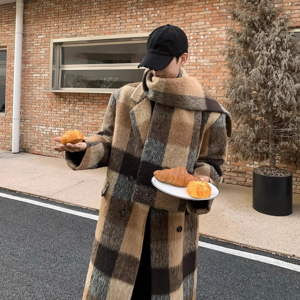 Men's Winter Cashmere Wool Overcoat Warm Scarf Wool Cotton Long Wool Trench Coat