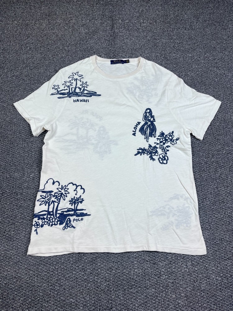 Polo Ralph Lauren Gold Label Hawaii Aloha Embroidered TShirt White Cotton Size L