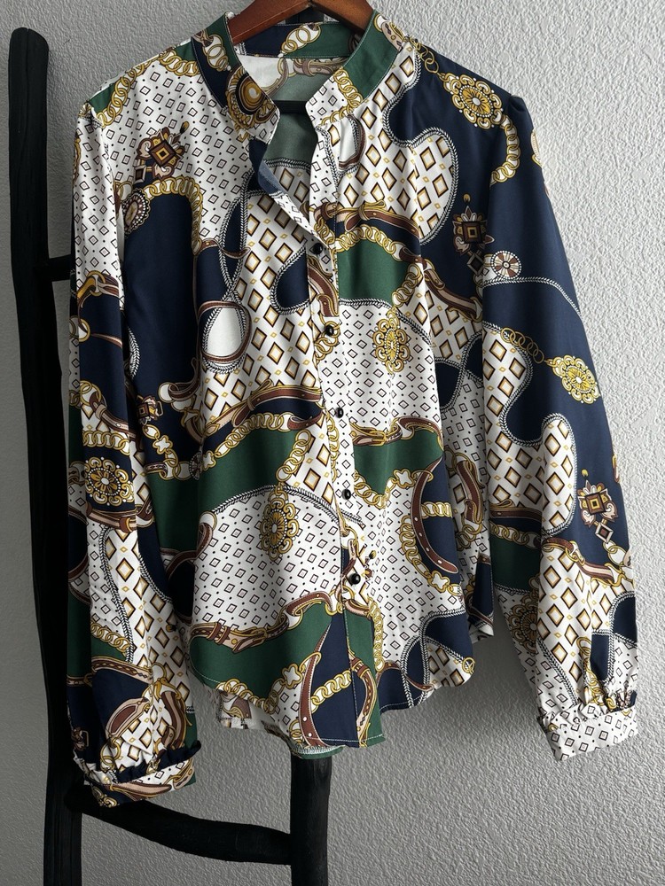SHEIN Multicolor Geometric Print Satin Button Up Collared Long Sleeve Blouse XL