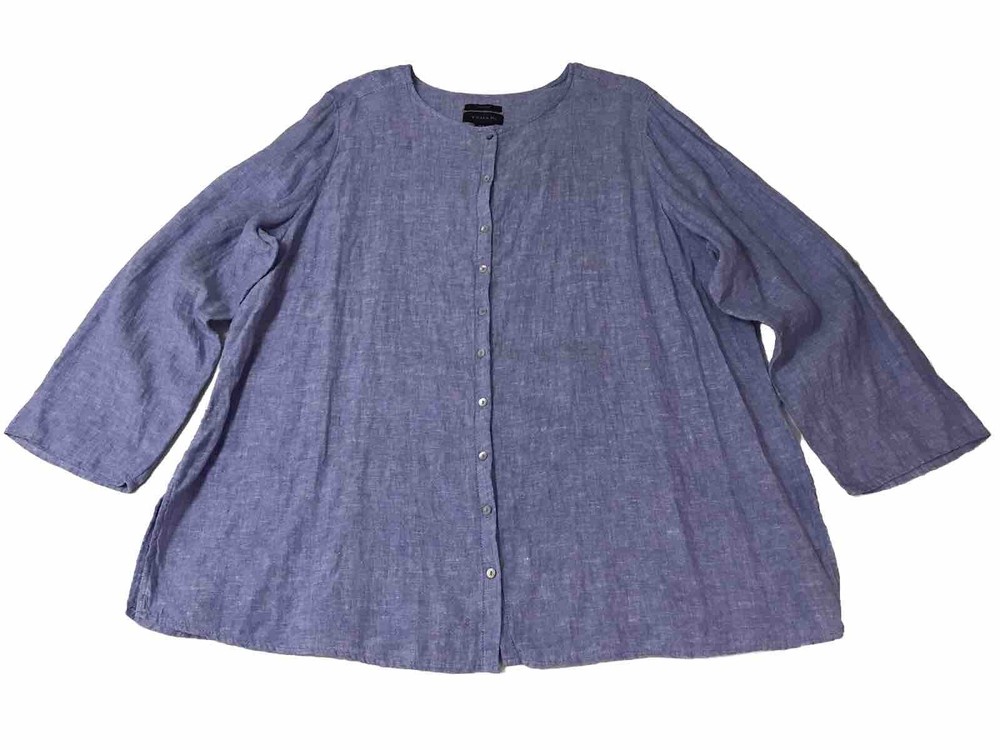 Tahari Linen Button Tunic Shirt Women 3X Violet Blue Boho Coastal Preppy Indie