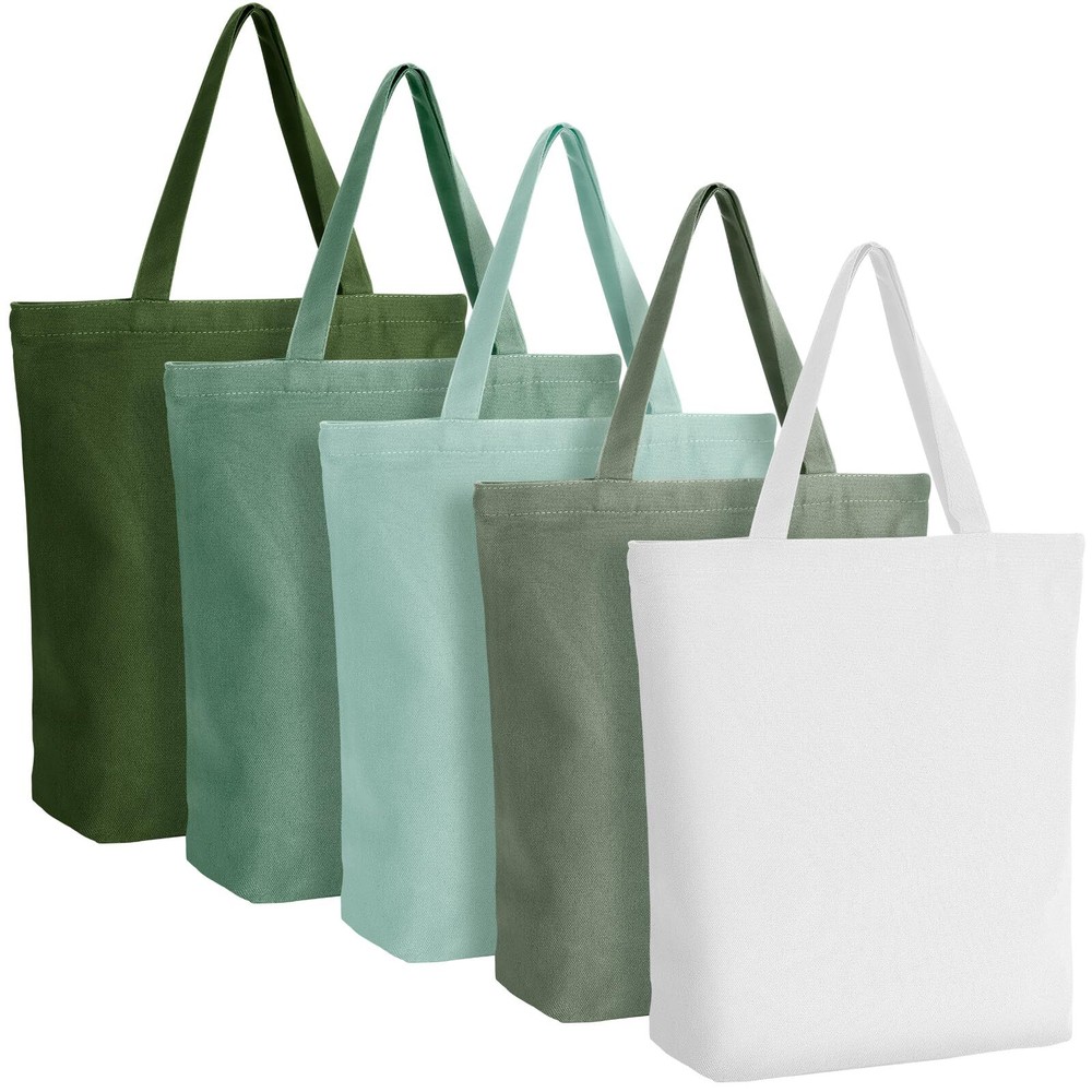 5 Pcs Reusable Canvas Grocery Shopping Bags Bulk Plain Book Tote Bags with Zi...