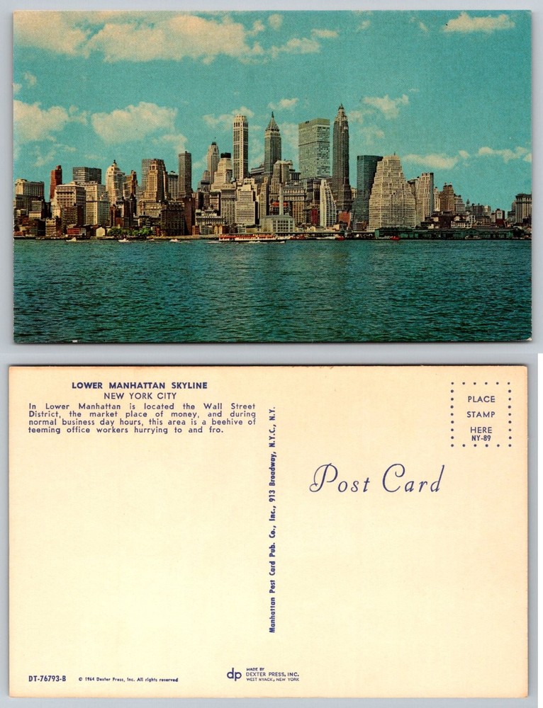 1964 NYC Lower Manhattan Skyline Postcard Dexter Press Vintage New York City