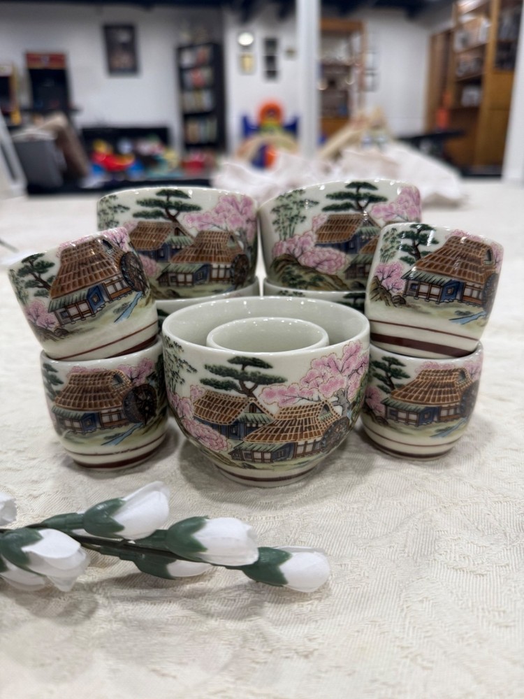 Vintage Japanese Tea Set Hand-Painted with Scenic Village and Cherry Blossoms