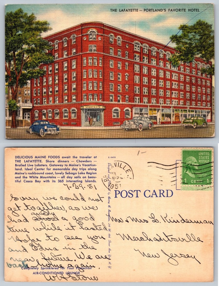 Vintage Lafayette Hotel Portland Maine Postcard 1951 Linen Cars