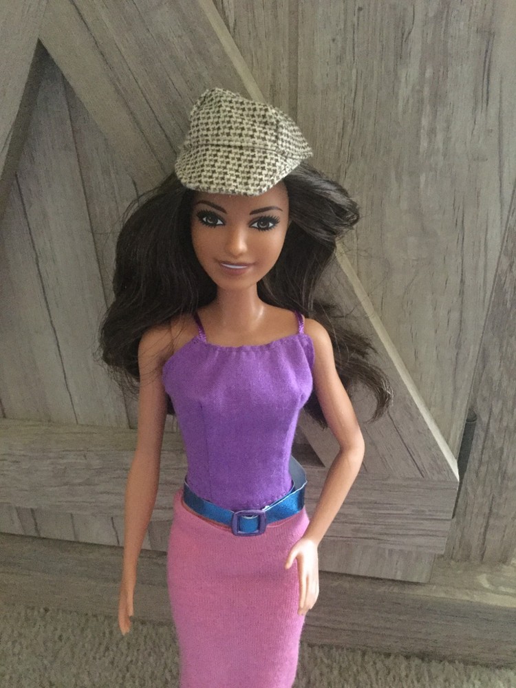 Barbie Doll Hat Page Boy Style Beige Brown Color Plaid Check Houndstooth