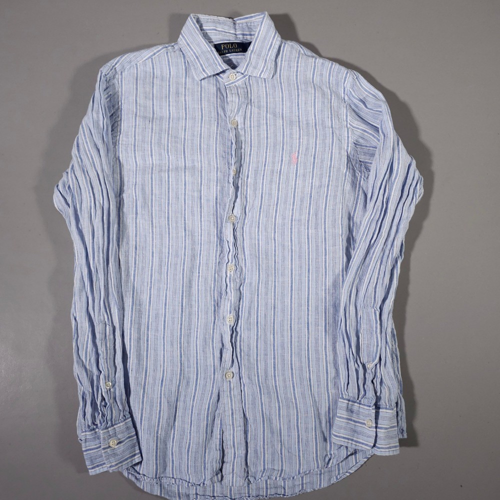 Polo Ralph Lauren Button Down Mens M Blue Striped 100% Linen Long Sleeve Shirt