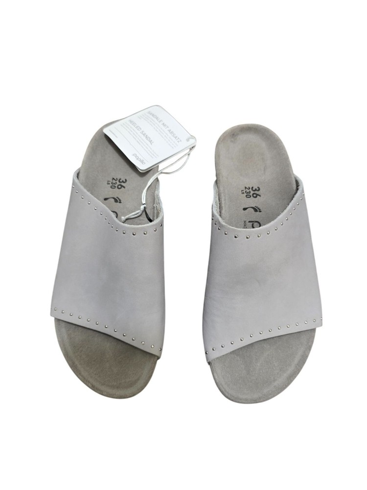 NWT Papillio By Birkenstock Women's Gray Leather Studded Wedge Slide Sandals Siz