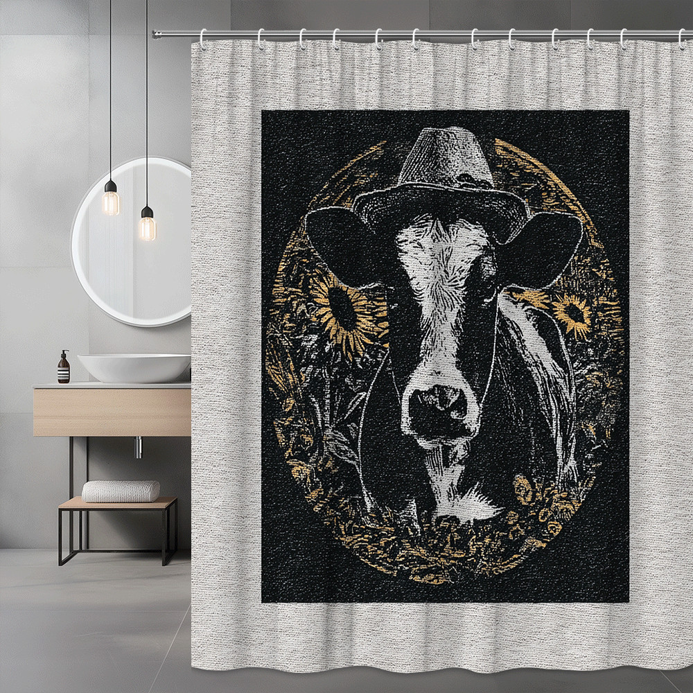 Cow Shower Curtain Black White Western Floral Print