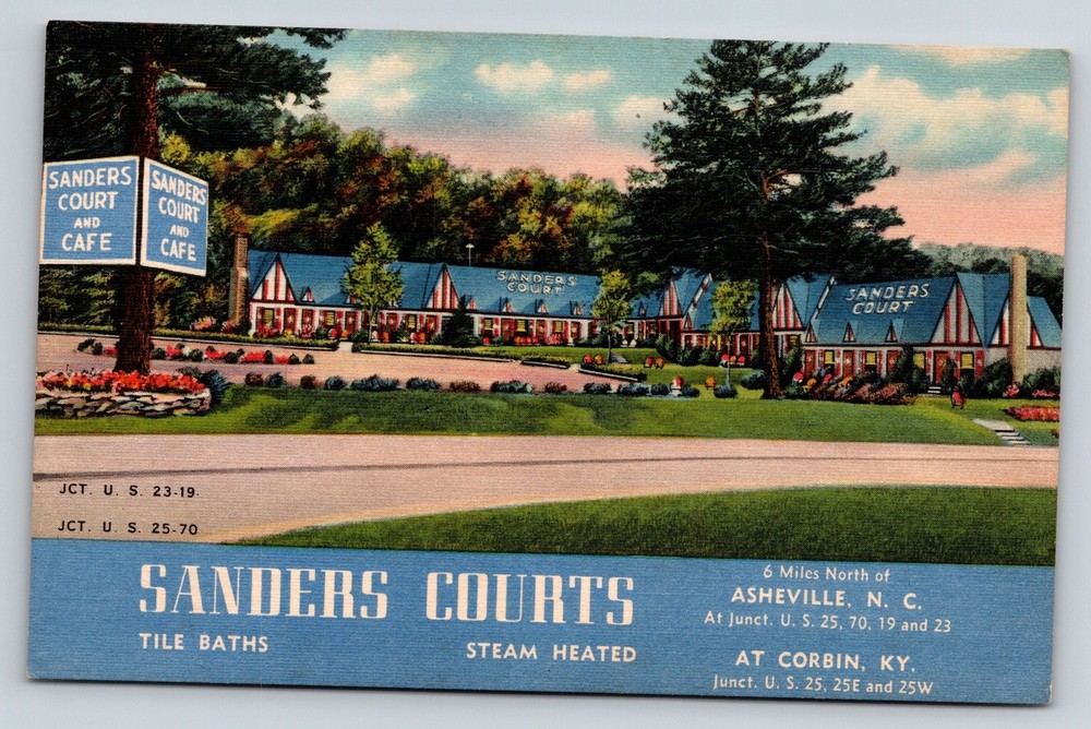 Roadside~Asheville NC~Sanders Courts~Cafe~Sign~Tudor Revival~Linen Postcard