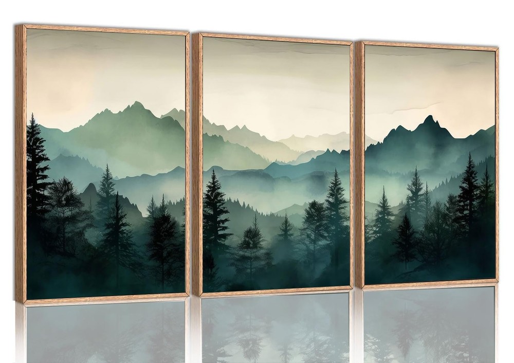 Framed Mountain Wall Art Set of 3 Sage Green Forest Canvas Prints Nature Land...