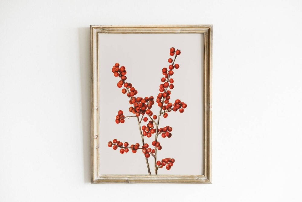 Red Berry Painting Christmas Vintage Xmas Print Antique Christmas Poster Winter