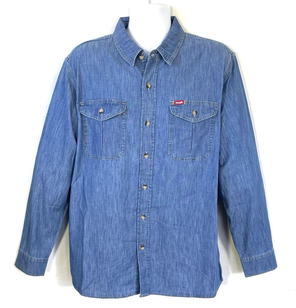 Wrangler Denim Shirt Mens Relaxed Fit Blue Stretch Work Western NWT