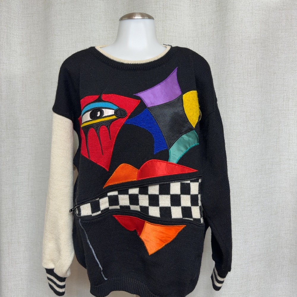 Vintage KANSAI O2 Black Abstract Face Graphic Wool Knit Zipper Sweater sz M-image