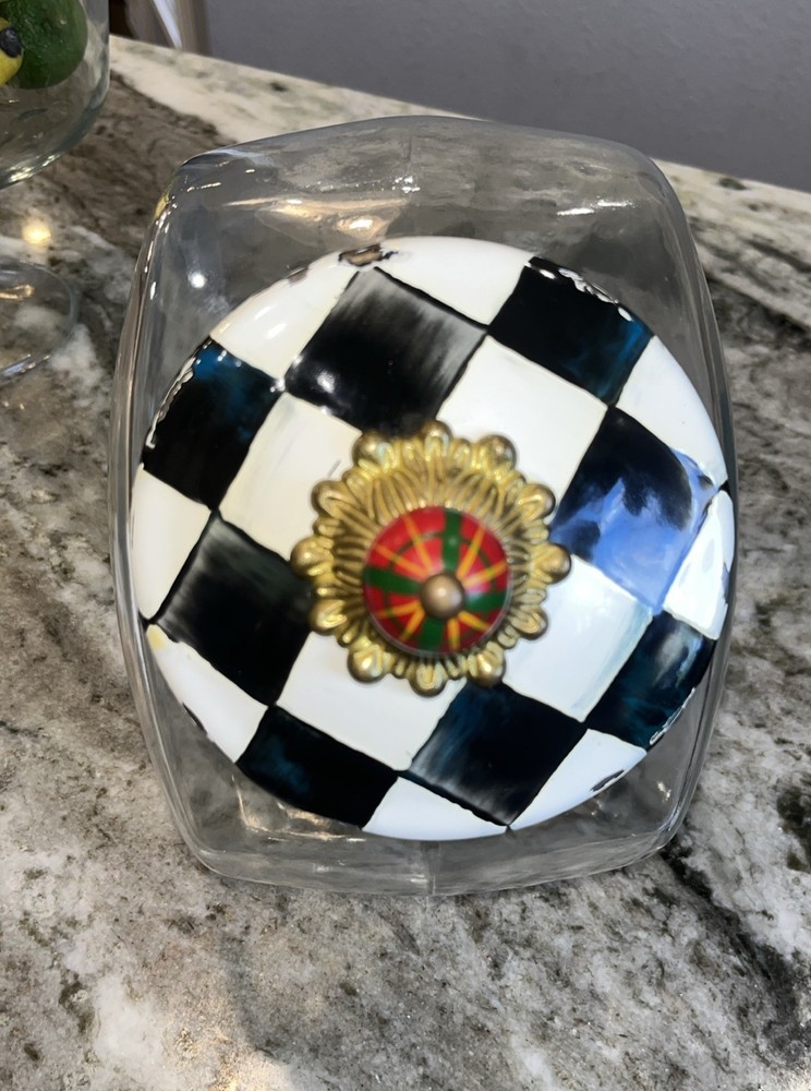 Mackenzie Childs Cookie Jar W/Retired Enamel Courtly Check & Tartan Wood Knob