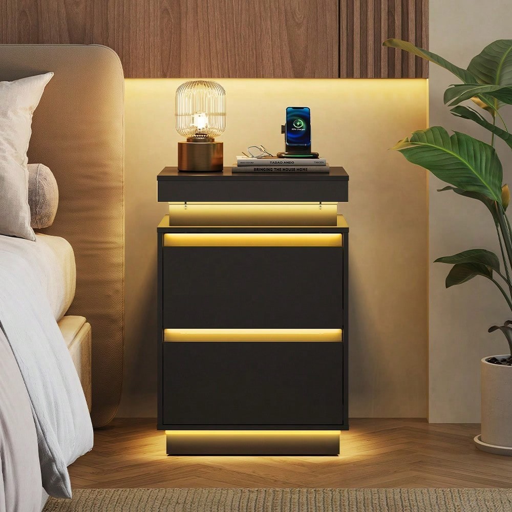 Nightstand with Charging Station LED Lights and 2 Drawers