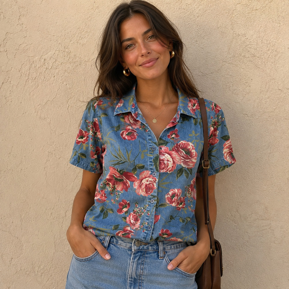Lemon Grass Women’s Floral 90's Vintage Denim Look Button Up Shirt Size Large