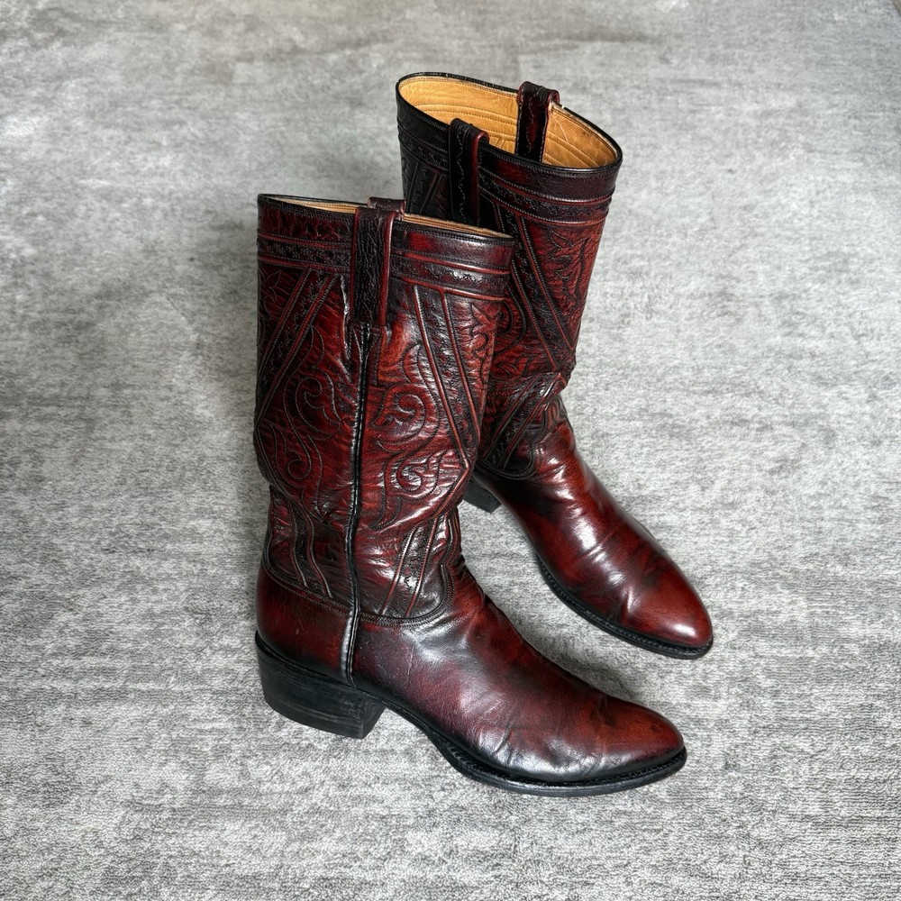 Lucchese San Antonio Vintage Black Cherry Gavin Stovepipe Boots Size 9.5 7106