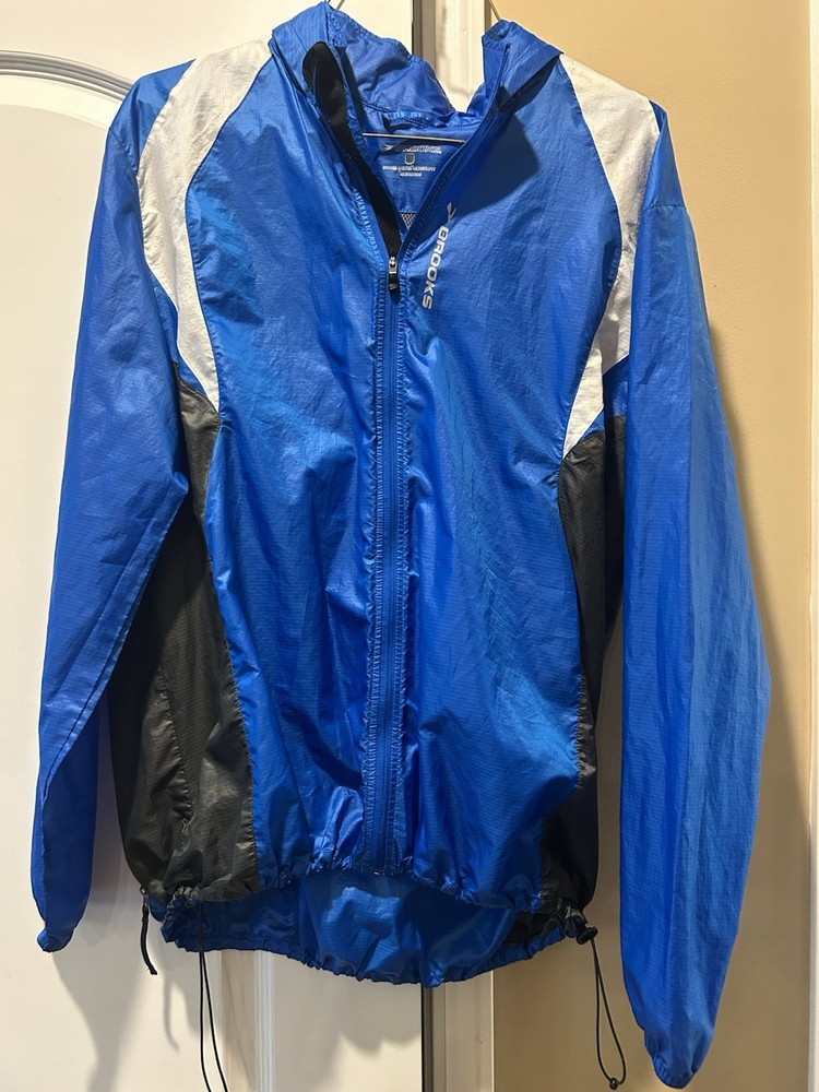 BROOKS Shelter Technology Running Jacket Large Packable Hood Blue Windbreaker