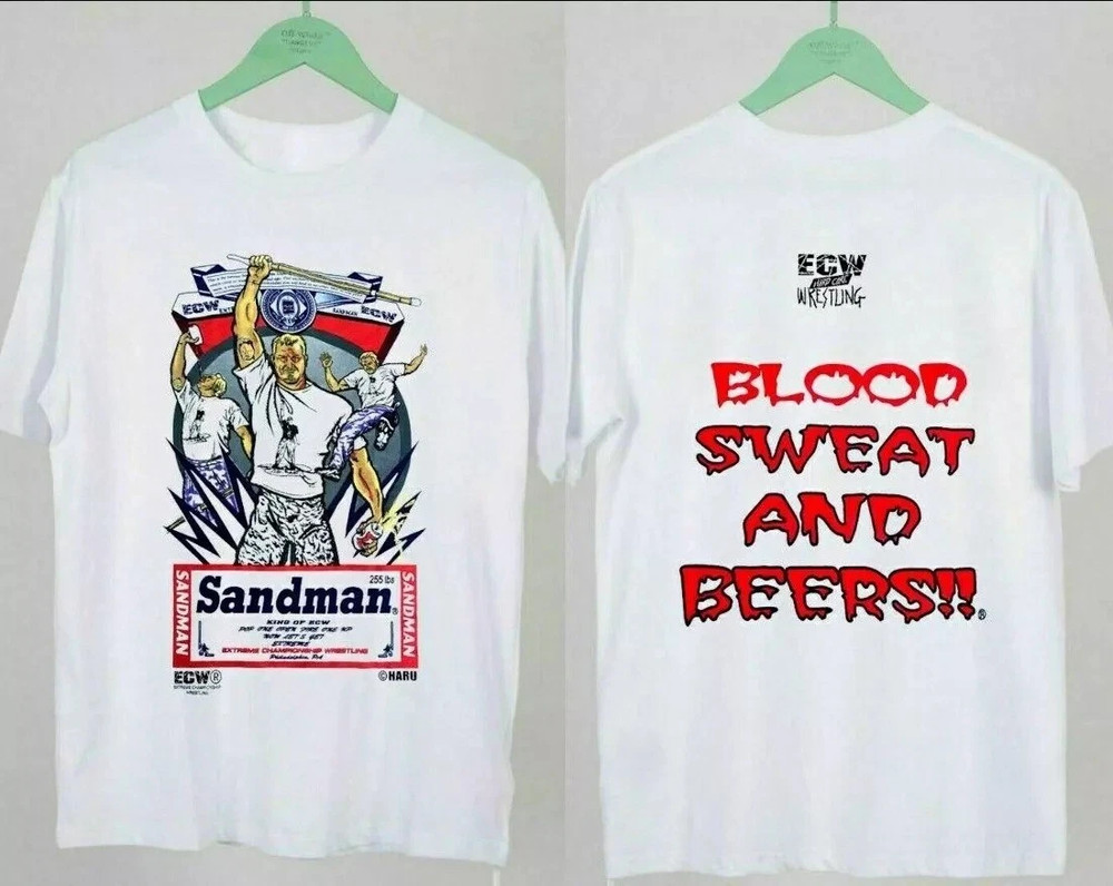 Sandman Blood Sweat Beers Shirt, Ecw Mens T-Shirt Double Sided Cotton For Fans